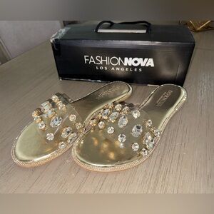 Fashion Nova Gold Jeweled Clear Strap Slide Sandals